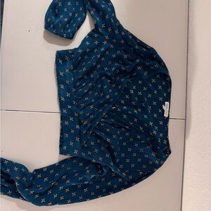 Blue Long Sleeve Crop Blouse with cross front style